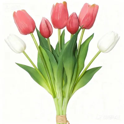 Obrázok produktu pre Umelo vyzerajúce tulipány, 7 kvetných hláv (4 tulipány, 3 puky), ružové a biele, materiál: hodváb/plast