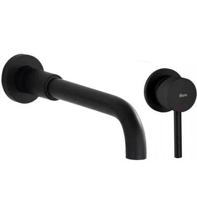 A black matte wall-mounted faucet and its control handle are shown against a white background.