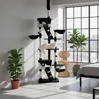 Produktbild von belviona XXL-Kratzbaum mit Deckenspanner, Spiel & Krallenpflege in Perfektion, 230-250 cm Höhe, schwarz/weiß
