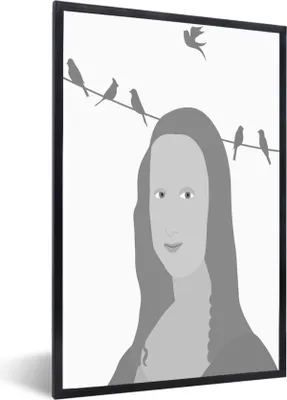 Produktbild von MuchoWow® Gerahmtes Poster Mona Lisa - Vögel - Schwarz - Weiß 60x90 cm - Poster mit Schwarzem Bilderrahmen Wandposter Rahmen Foto Bilder - Kunst