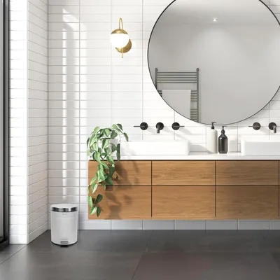 Immagine prodotto di Cestino per rifiuti da bagno in acciaio inox dal design retrò da 5 litri con coperchio a chiusura ammortizzata - Cestino per cosmetici rosa per bagno e soggiorno