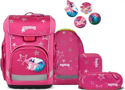 A collection of pink school supplies with star and unicorn motifs, including a backpack, a drawstring bag, and two pencil cases.