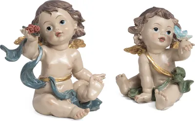 Zdjęcie produktu dla Zestaw 2 figurek aniołów z polyresinu - siedzące dekoracyjne anioły z różą i motylem - złote skrzydła - ok. 8,5 cm wysokości - zestaw figurek do dekoracji świątecznych - klasyczny, kolorowy design