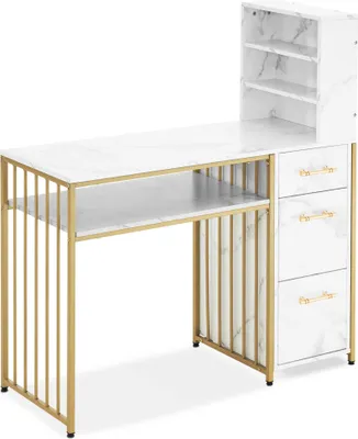 A white and gold marble-patterned desk with shelves and drawers, shown against a white background.