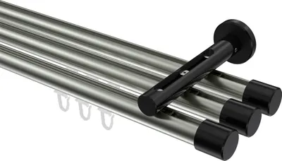 Produktbild von Interdeco Innenlaufstange / Gardinenstange mit Innenlauf Edelstahl-Optik / Schwarz, Typ Siteno Santo (Kappe), 20 mm Ø 3-läufig, 180 cm