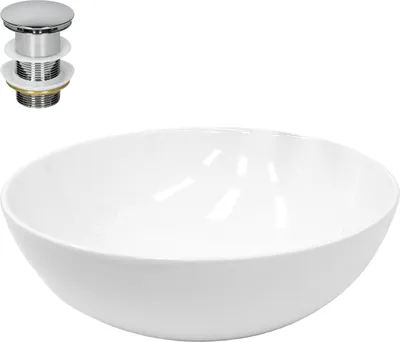 Produktbild von LuxeBath Waschbecken Aufsatzwaschbecken Rund, Ø 40x14,7 cm, Weiß, aus Keramik, inkl. Ablaufgarnitur ohne Überlauf