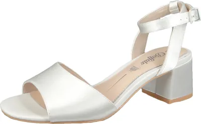 A single white sandal with a silver block heel is shown against a white background.