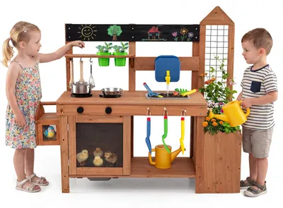 Produktbild von COSTWAY Kinder Matschküche, Outdoor Spielküche mit Vogelkäfig, Pflanzkasten, Spalier, Spülbecken, Herden&14 Zubehörteilen,Kochspielküche für Kinder 3+