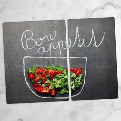Produktbild von Glas-Herdabdeckplatten Glaskeramikkochfeld-Abdeckung Spritzschutz Schneidebrett Zweiteilige Glas 70x52 cm Bon appetit Inschrift Gemüse