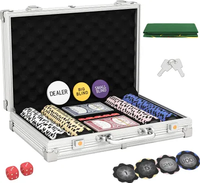 Produktbild von Pokerchips-Set in Koffer, mit Würfeln, Dealer-Button, 2 Kartendecks, Silberfarben