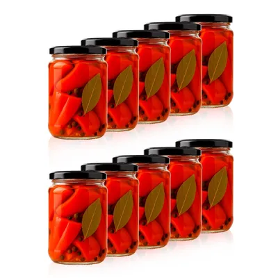 A collection of glass jars filled with pickled red peppers and bay leaves, arranged in two rows.