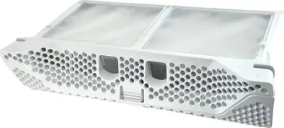 A white lint filter for a washing machine or dryer, shown from a slightly elevated side angle against a white background.