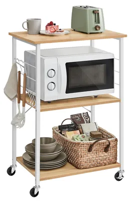 Imagen del producto de VASAGLE, estante de cocina con ruedas, carro de servicio, 3 niveles, carro de cocina, para horno pequeño, microondas, estructura de metal, 6 ganchos, 40 x 60 x 89 cm, color roble dorado y blanco. Modelo: KKS060Y09
