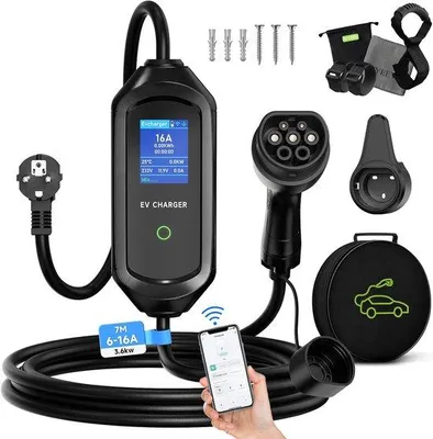 Productafbeelding van Type 2 Oplaadkabel 3.6kW 7M voor Elektrische Auto, Schuko, 6/8/10/13/16A Instelbare Stroom, Inclusief Opbergtas, IEC 62196-2