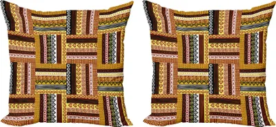 Zdjęcie produktu dla Zestaw etnicznych poszewek na poduszki ABAKUHAUS (2 sztuki), Tradycyjne afrykańskie motywy orientalne z plemiennymi kolorami i elementami kultury nigeryjskiej, 60 x 60 cm, wielokolorowy