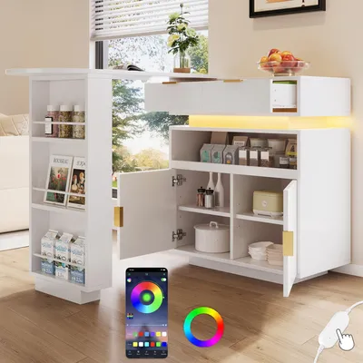 Zdjęcie produktu dla Merax Rozsuwany stolik barowy i wyspa kuchenna, obrotowy o 360°, oświetlenie LED, schowek i wysuwany blat roboczy, stół kuchenny, biały