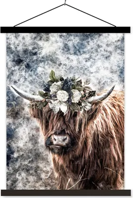 Produktbild von MuchoWow® Textilposter Schottisches Hochlandrind - Rauch - Blumen 90x120 cm mit schwarzem Rahmen - Dekoration