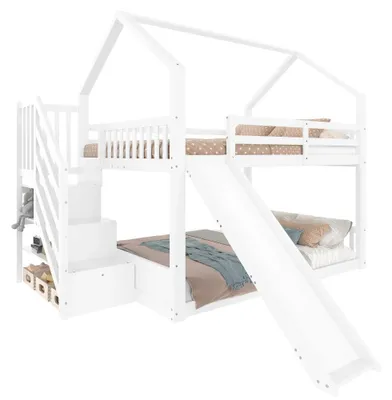 Produktbild von Kinder-Etagenbett - 140 x 200 cm - Stauraumtreppe mit Rutsche - Rausfallschutz - Kiefernholz - Weiß - Ohne Matratze