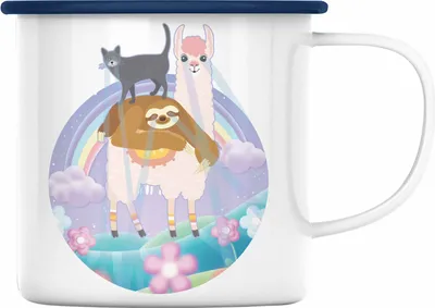 Produktbild von Trendation - Verrückte Emaille Tasse Geschenk Katze Llama Faultier Geschenkidee für Frauen (Blau)