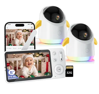 Obrázek produktu pro Dětská chůvička se 2 kamerami a APP 2K/3MP 360° zobrazení 5" WLAN video chůvička RGB noční vidění detekce pláče/pohybu/zvuku 4x zoom s 32G