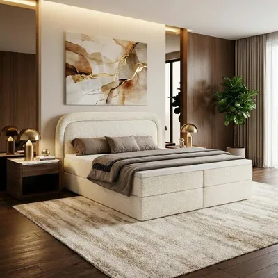 Produktbild von Boxspringbett BONITO 160x200 mit Bettkasten inkl. Matratze H3 und Topper Polsterbett Doppelbett Bouclé-Stoff MONTE Creme