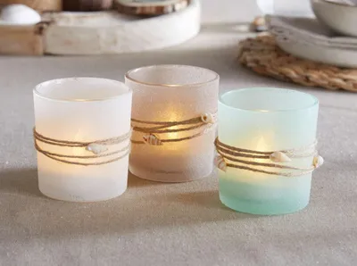 Produktbild von 3x Windlicht „Maritim“ Teelichthalter aus Glas mit Muscheln, Teelichtgläser Set, Kerzengläser