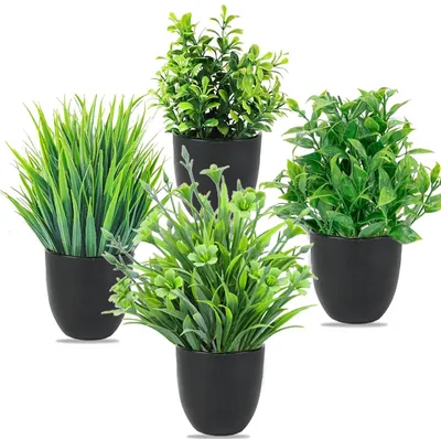 Productafbeelding van 4 kunstplanten met potten, kunststof decoratieplanten, kleine kunstplanten in potten, namaakplanten voor bureau, woonkamer, balkon en badkamer