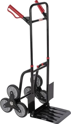 A black and silver stair-climbing hand truck with red handles is shown against a white background.