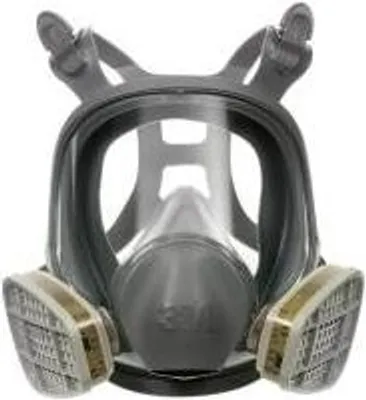 A full-face respirator mask with two filters attached, shown against a white background.