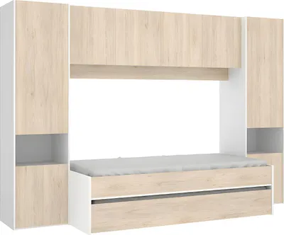 Produktbild von Ausziehbett mit Bettbrücke + Matratzen - 90 x 190 cm - Eichefarben & Weiß - SELENA