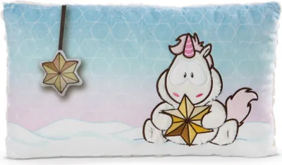 A cartoon unicorn holding a star, sitting in a snowy landscape with a geometric background.