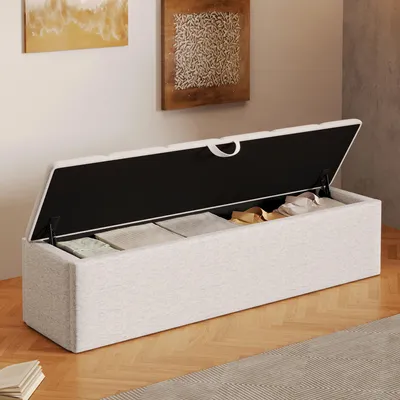 Productafbeelding van Flieks voetenbank met opbergruimte, bedbank met klapdeksel, voetenbank, verplaatsbaar, wit, 113 x 32 x 36 cm, fluweel + MDF