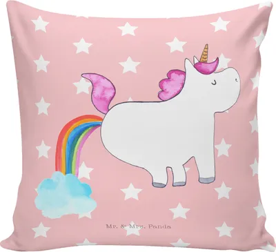 Produktbild von Mr. & Mrs. Panda Sofakissen Einhorn Pupsen - Rot Pastell - Geschenk, Regenbogen, Unicorn, Kleines Kissen, 40x40, Freundin, zierkissen, bedruckt, Lustig, Spaß, Deko