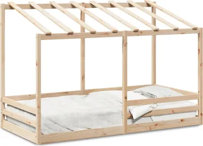A wooden children's bed frame with a roof structure, shown on a white background.