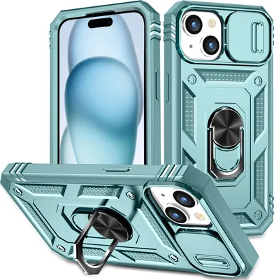 Produktbild von iPhone 15 Plus Hülle, Schiebe Kamera Schutz Robust Schutzhülle mit Ringhalterung Ständer Kartenhalter für iPhone 15 Plus Grün