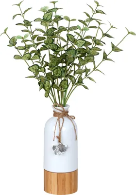 Produktbild von Moderne Dekovase Blumenvase Tischvase Vase aus Keramik und Holz inklusive Anhänger weiß/braun Höhe 21 cm