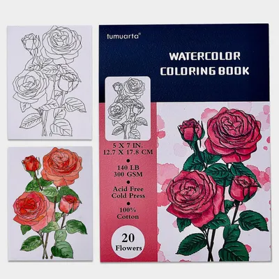Productafbeelding van Aquarel kleurboek, 20 uniek bloemenpatroon, 12,7 x 17,8 cm, 100% katoen, 300 g/m², 20 vellen, koudpersing, zuurvrij aquarelpapier