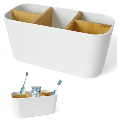 Image de Porte-brosses à dents avec 5 compartiments et séparations en bambou, de couleur blanche