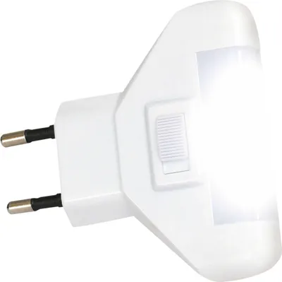 A white night light with two prongs for plugging into an electrical outlet.