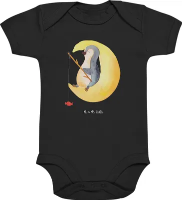 Produktbild von Mr. & Mrs. Panda Strampler Baby Pinguin Mond 1. - 3. Monat - Schwarz - Geschenk, Babybody, Spruch, babykleidung body, Babystrampler, Süßigkeiten, Erschöpft, Angel