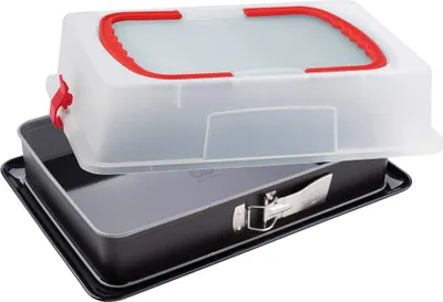 Produktbild von Dr. Oetker Rechteck-Springform mit Haube und Emaille-Boden zum Transport 44 x 10 x 29,5 cm BACK-IDEE KREATIV, Kuchentransportbox mit extra hoher Transporthaube, Kuchenblech mit Emaille-Versiegelung(Farbe: Schwarz/Transparent/Rot)