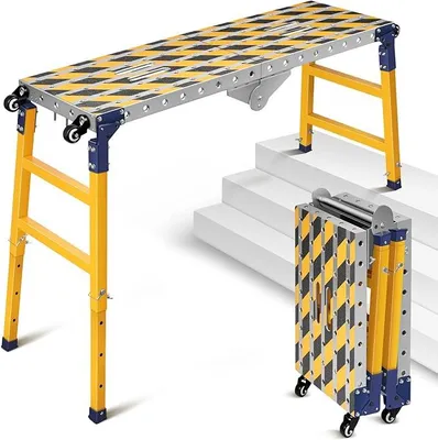 Produktbild von 2 in 1 Stabil Arbeitsplattform + Mobiler Schweißtisch mit Antirutsch Klebestreifen, 60-90cm Höhenverstellbar Klappbare Arbeitsbühne Laufbühne Aluminium Gerüst Werkbank Verzinkte