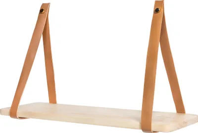 Immagine prodotto di QUVIO Mensola da parete con cinturini in pelle – Mensola da parete in legno – Finto cuoio – 16 x 50 x 25 cm