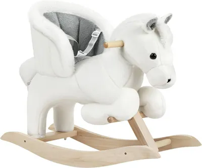 Image de Cheval à bascule avec sons d'animaux, pour enfants de 18 à 36 mois. Couleur : blanc et gris. Dimensions : 70 x 28 x 57 cm