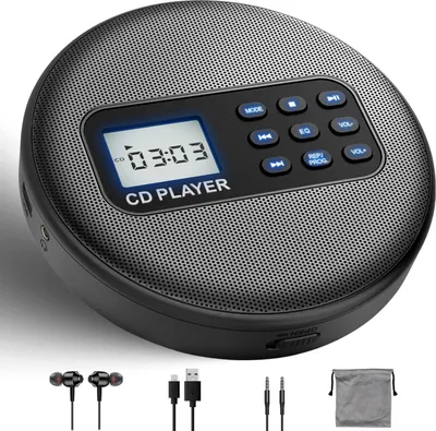 Zdjęcie produktu dla ZELURXX Przenośny odtwarzacz CD z podwójnymi głośnikami, MP3, wyświetlaczem LCD, słuchawkami, USB, przenośnym odtwarzaczem muzycznym, RCA, 5 V, dla Amazon, szary