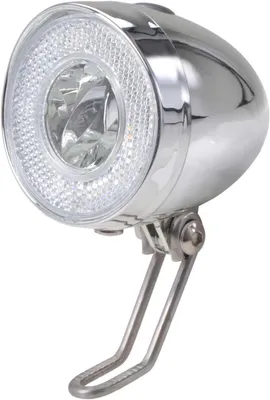 Zdjęcie produktu dla Reflektor LED do roweru w stylu retro, z chromowanym wykończeniem, zasilany bateriami