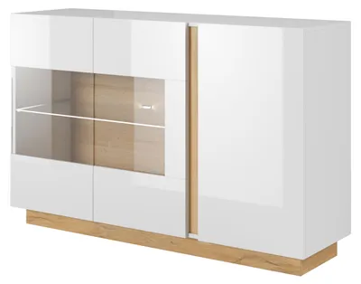 Zdjęcie produktu dla Komoda z 3 drzwiami, biała + biała z połyskiem + dąb Grandson, 138,2 x 90,5 x 40 cm
