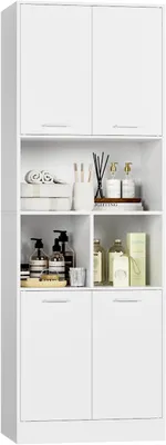 Productafbeelding van Hoog badkamerkast, badkamerkast, hoge kast voor de badkamer, kantoor, multifunctionele kast, keukenkast met 4 deuren en badkamerplank, hout, 180,5 x 60 x 40 cm (wit)