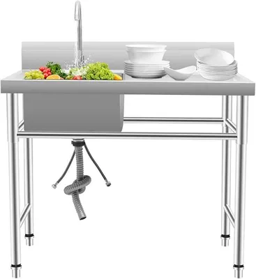Productafbeelding van Vrijstaande roestvrijstalen spoelbak met onderkast, mobiele wastafel met één spoelbak, keukenspoelbak met kraan, roestvrijstalen spoelbakken voor professioneel gebruik in keuken en restaurant, afmetingen 100x60x93 cm