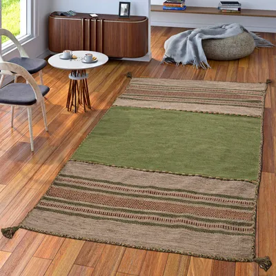 Produktbild von TT Home Handwebteppich Wohnzimmer Natur Webteppich Kelim Modern Baumwolle Streifen Grün Größe 80x150 cm